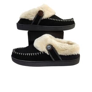 Earth Origins Womens Black Suede Faux Sherpa Fur Lined Moccasin Slippers Size 9